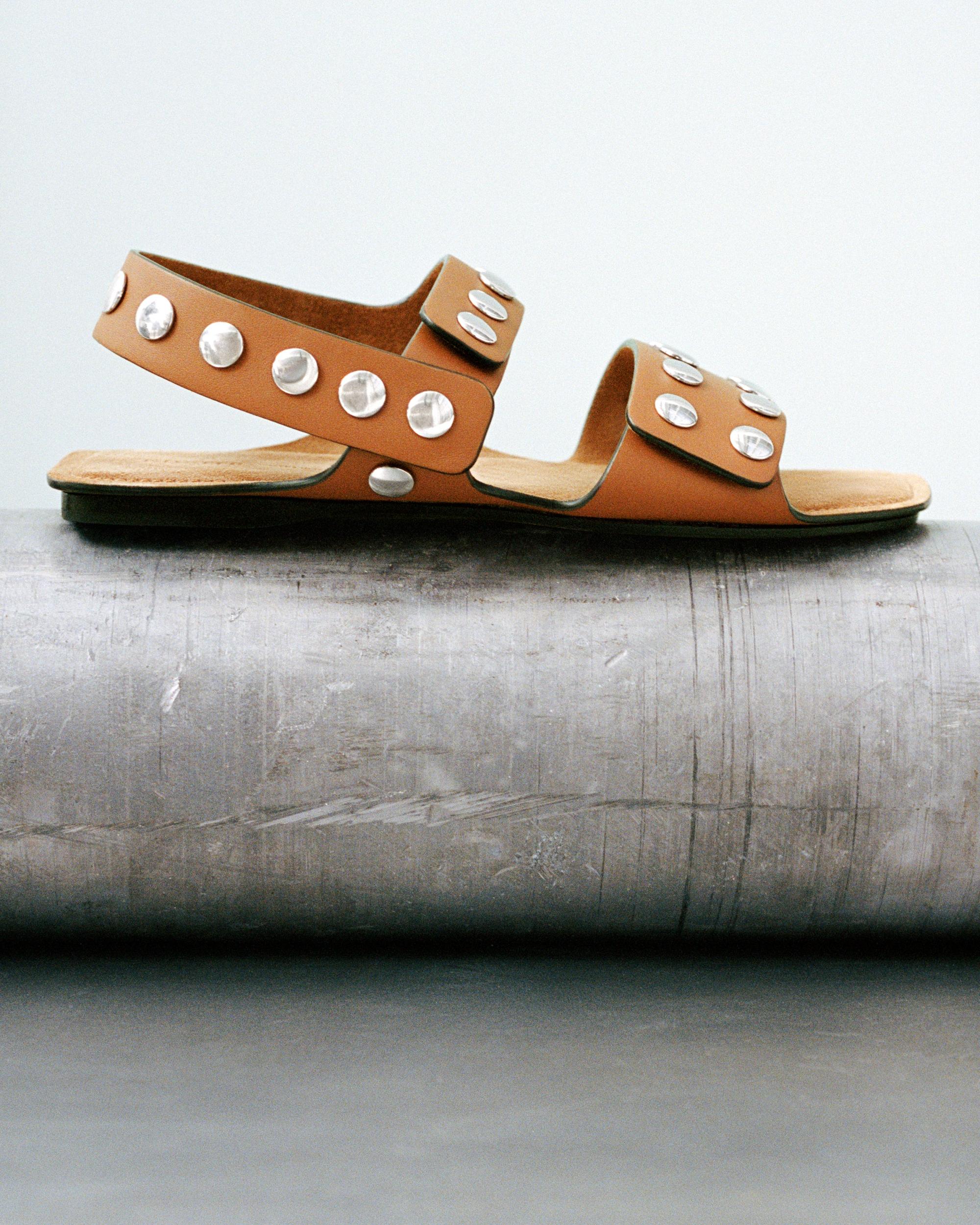 Boden Sandal in Dark Tan Leather with Silver Studs Product Image