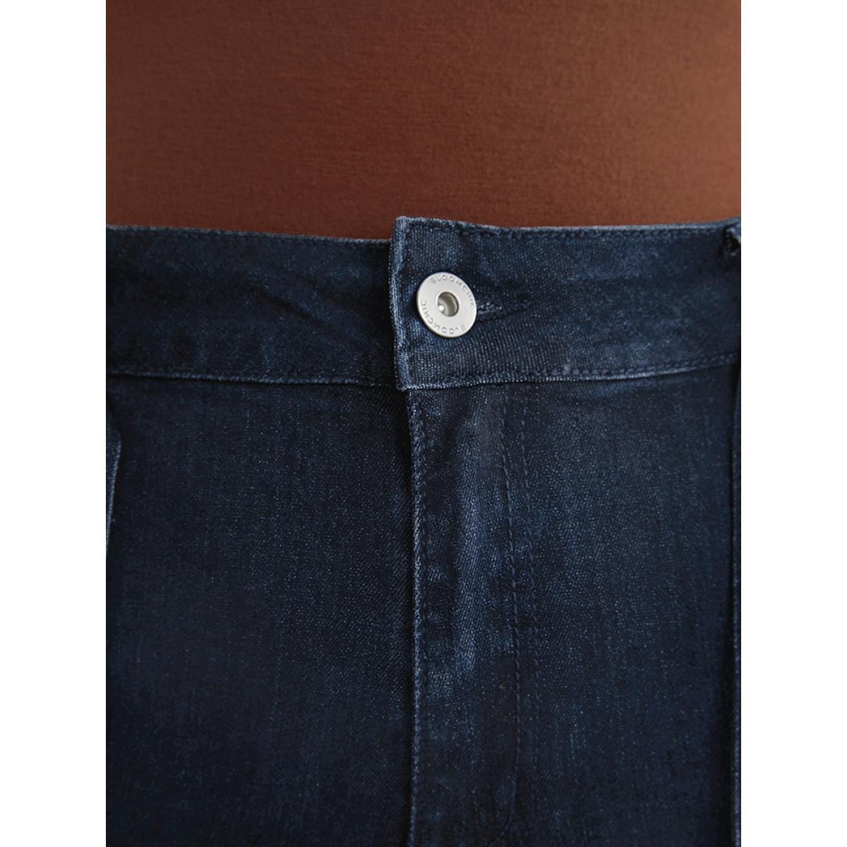 Plus Size Bootcut Slightly Stretchy High Rise Dark Wash Belted Jeans Women Indigo Elegant Plain Plain Low stretch Pocket Jeans BloomChic 10/M Product Image