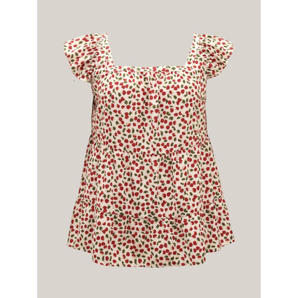 Plus Size Cherry Print Flutter Sleeve Tank Top Women Multicolor Gathered Square Neck Everyday-Casual Tank Tops Camis BloomChic 12/L Product Image