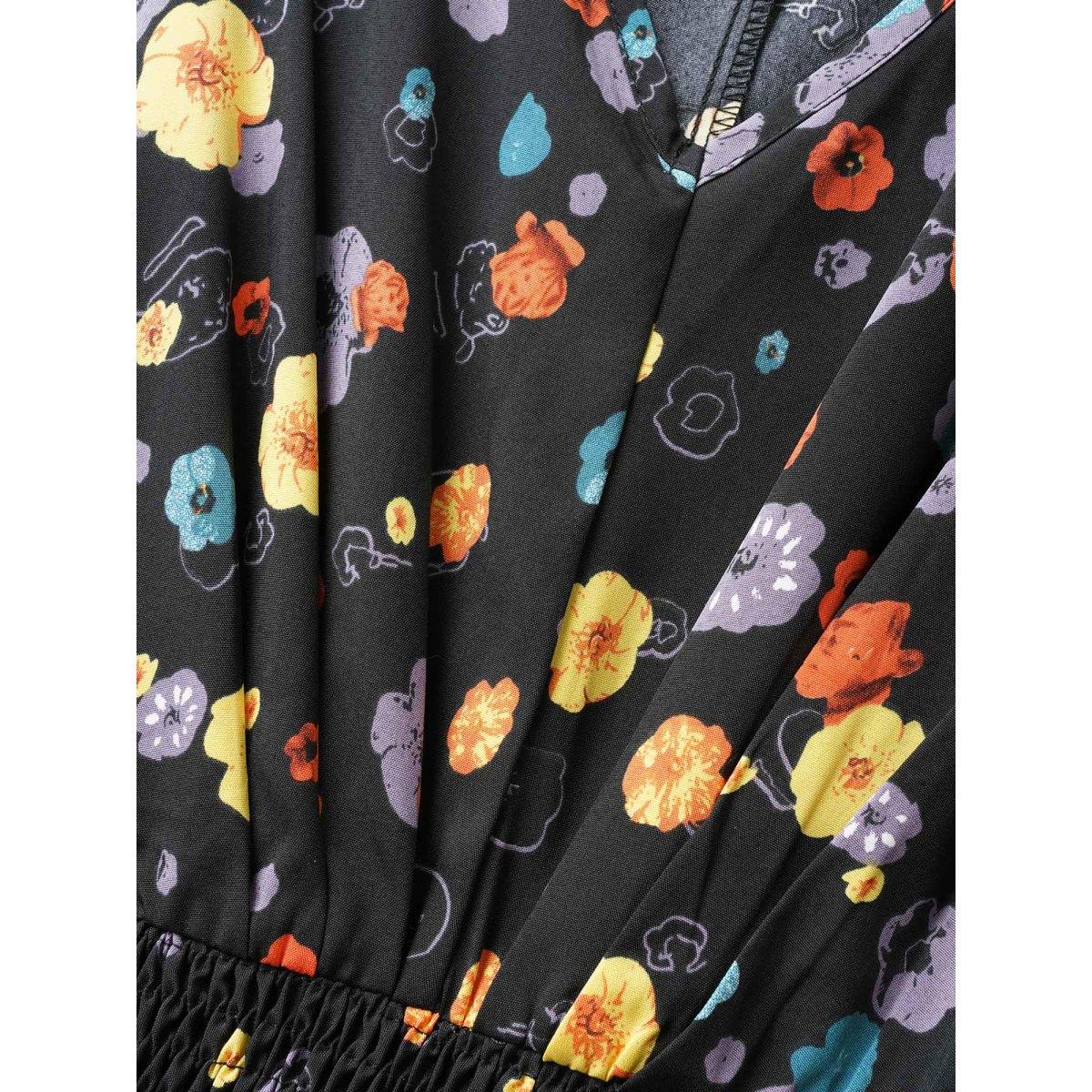 Plus Size Floral Printed Pocket V Neck Shirred Split Hem Dress Black Women Elegant Non V-neck Short sleeve Curvy Midi Dress BloomChic 18-20/2X Product Image