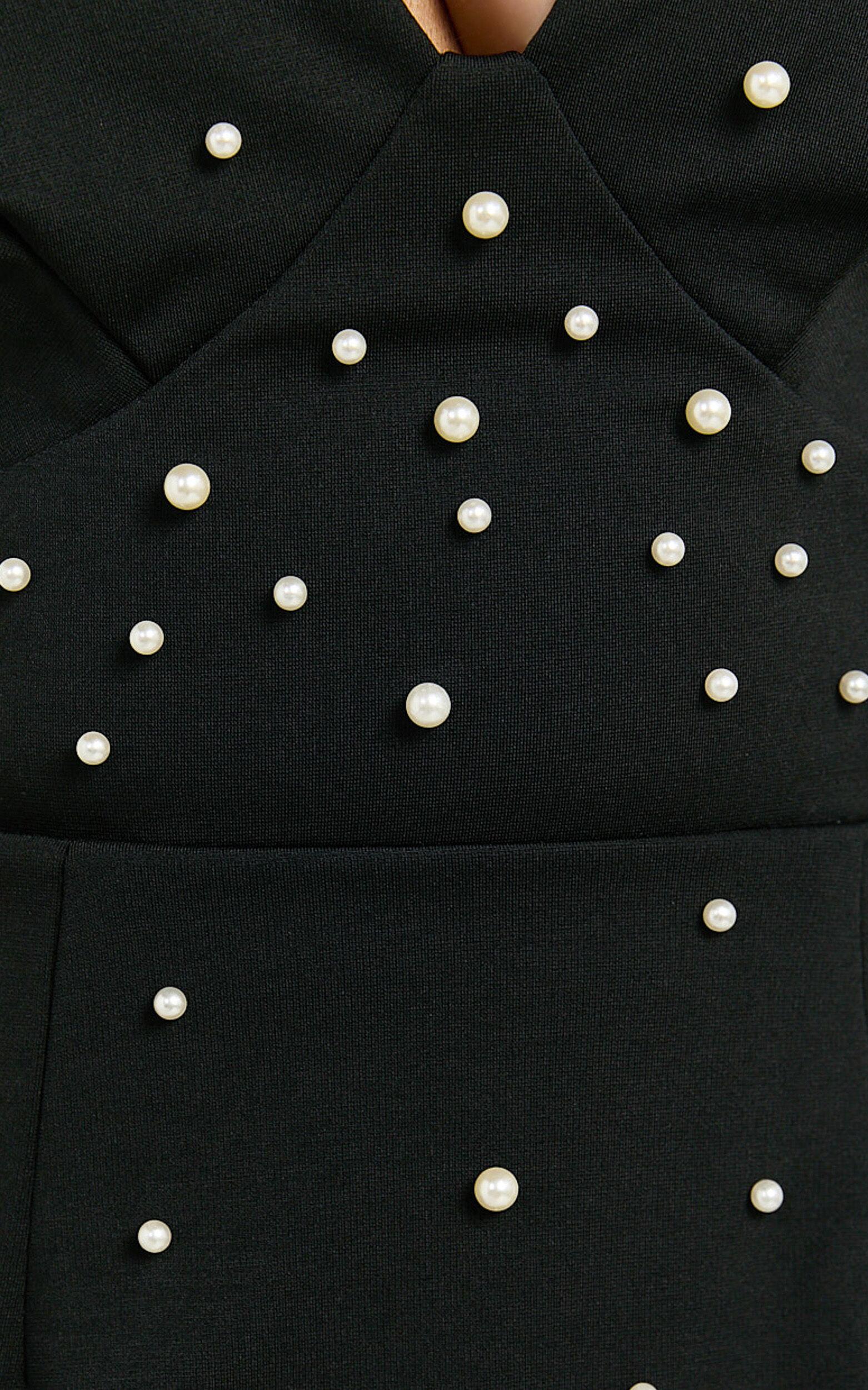 Marya Mini Dress - Pearl Detail Plunge Neck Dress in Black Product Image