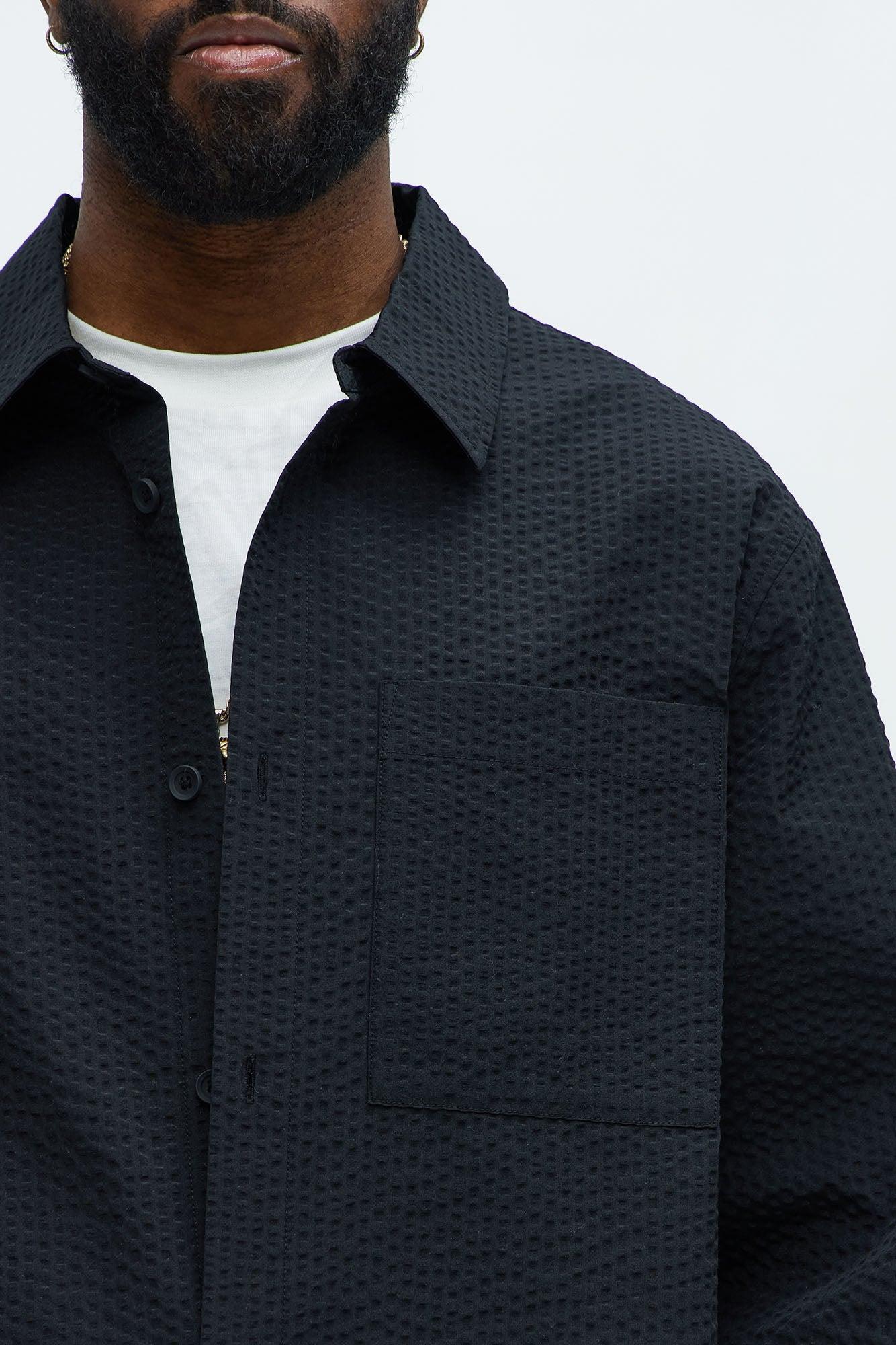 Seersucker Long Sleeve Button Up Shirt - Black Product Image
