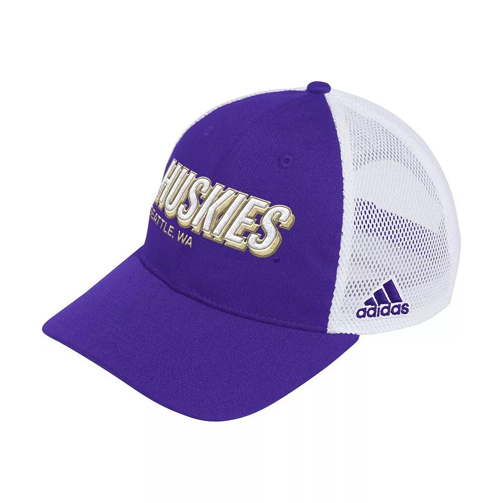 Men's adidas Purple Washington Huskies Mascot Block Letter Slouch Trucker Adjustable Hat Product Image