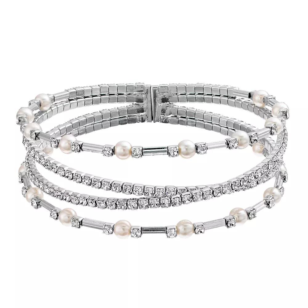 Vieste Crystal & Pearl Criss Cross Nickel Free Cuff Bracelet, Women's, Silver Tone Product Image