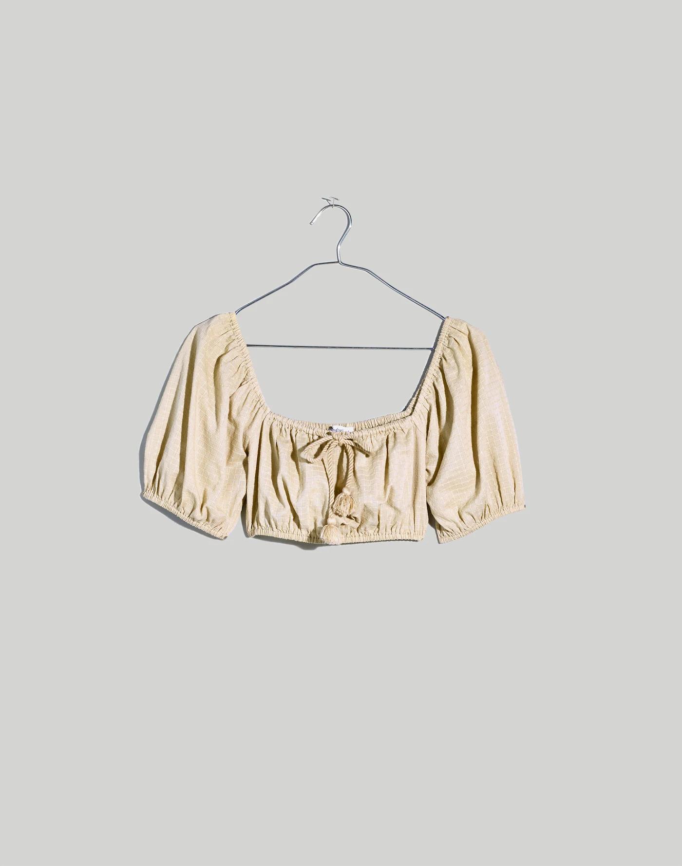 Dobby Tie-Front Puff-Sleeve Supercropped Top Product Image