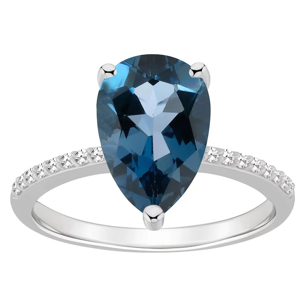 Alyson Layne Sterling Silver 10 mm x 8 mm Pear Shape Gemstone & 1/10 Carat T.W. Diamond Ring, Women's, Size: 5, London Blue Topaz Product Image
