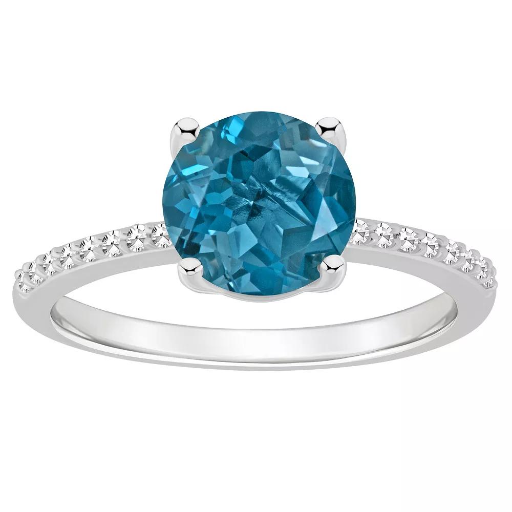 Alyson Layne Sterling Silver 8 mm Round Gemstone & 1/10 Carat T.W. Diamond Ring, Women's, London Blue Topaz Product Image