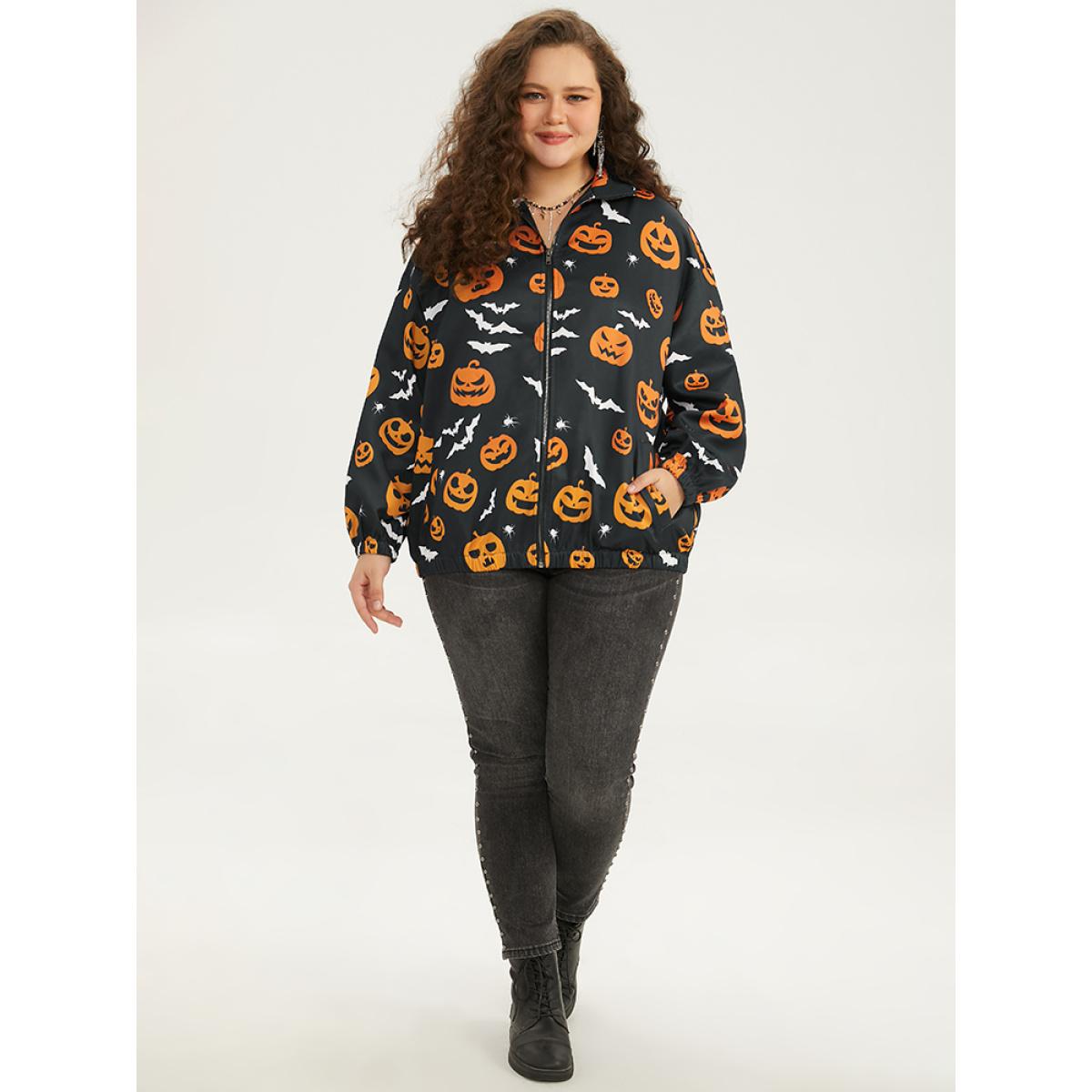 Plus Size Halloween Graphic Zipper Fly Pocket Coat Women Black Casual Elastic cuffs Ladies Dailywear Winter Coats BloomChic 14-16/1X Product Image