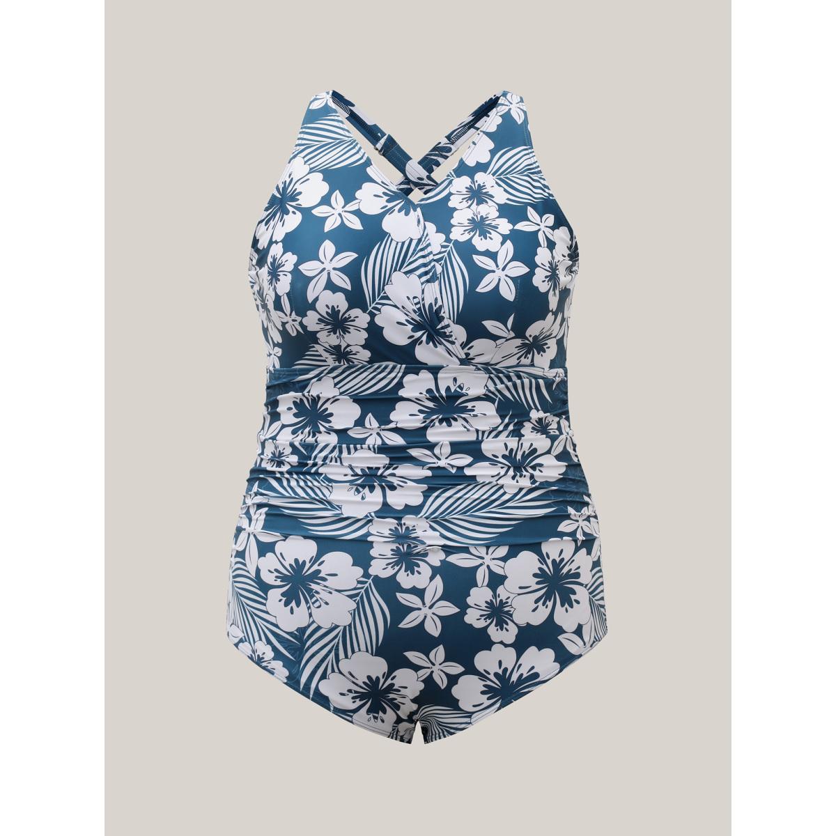 Plus Size Tropical Flower Print Gathered One-Piece Swimsuit Women's Swimwear Cerulean Resort Gathered Curve Bathing Suits High stretch One Pieces BloomChic 28/5X Product Image
