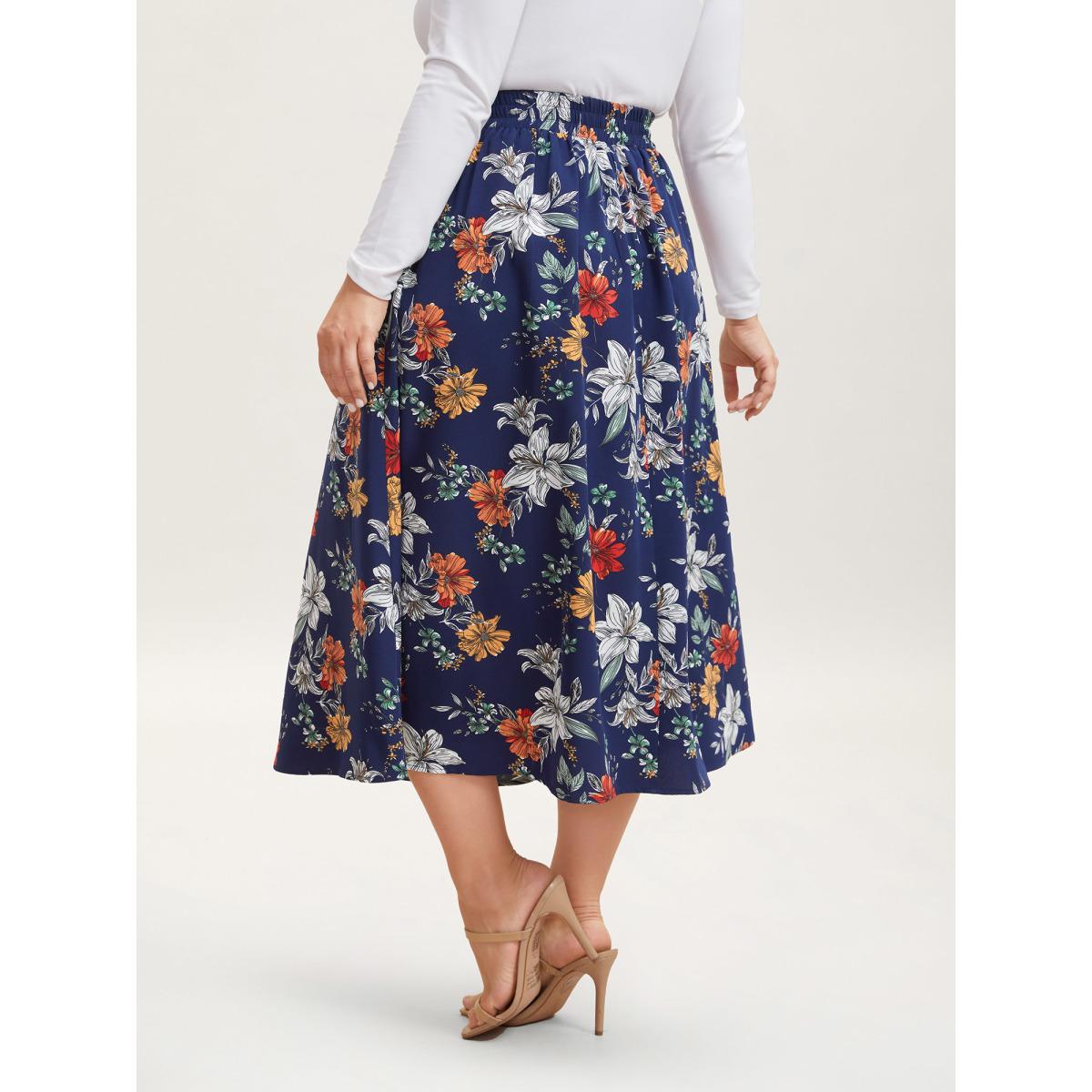 Plus Size Floral Print Drawstring Pleated Midi Skirt Women DarkBlue Elegant Bodycon Low stretch Slanted pocket Everyday Skirts BloomChic 14-16/1X Product Image