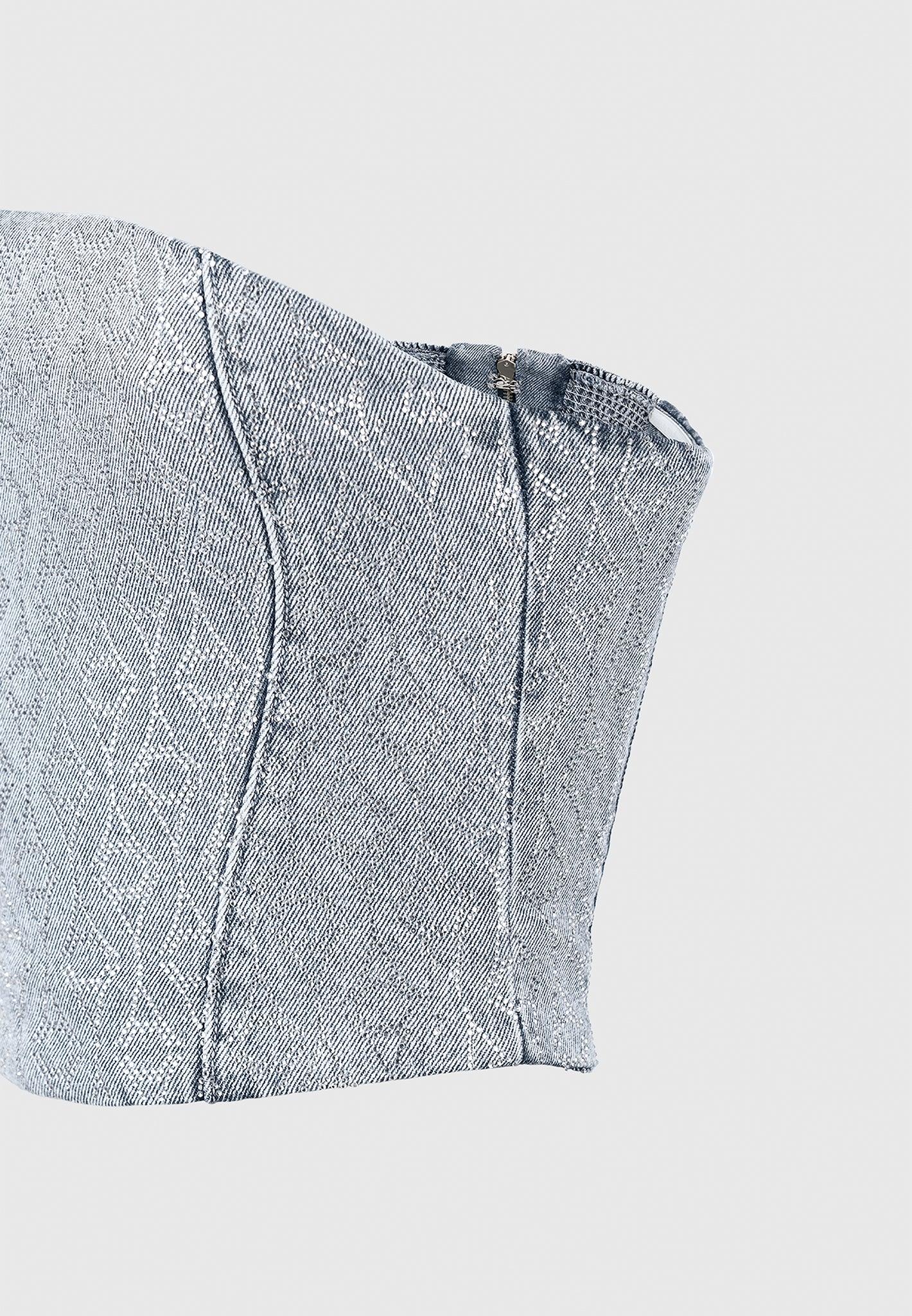 Rhinestone Eiffel Denim Bandeau Corset Top - Mid Blue Female Product Image