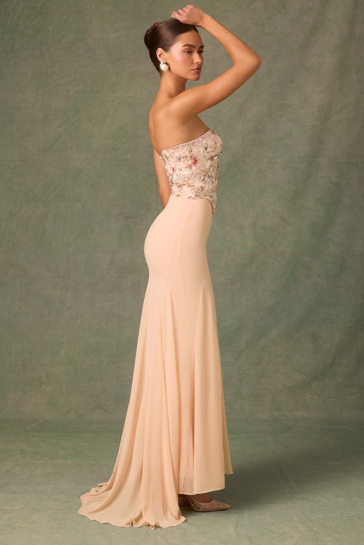 Embellished Corset Fishtail Gown in Floral Beige Product Image