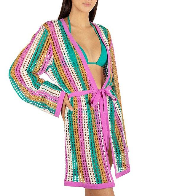 Hurley Stripe Crochet Knit Open Front Rope Swim Cover-Up Product Image