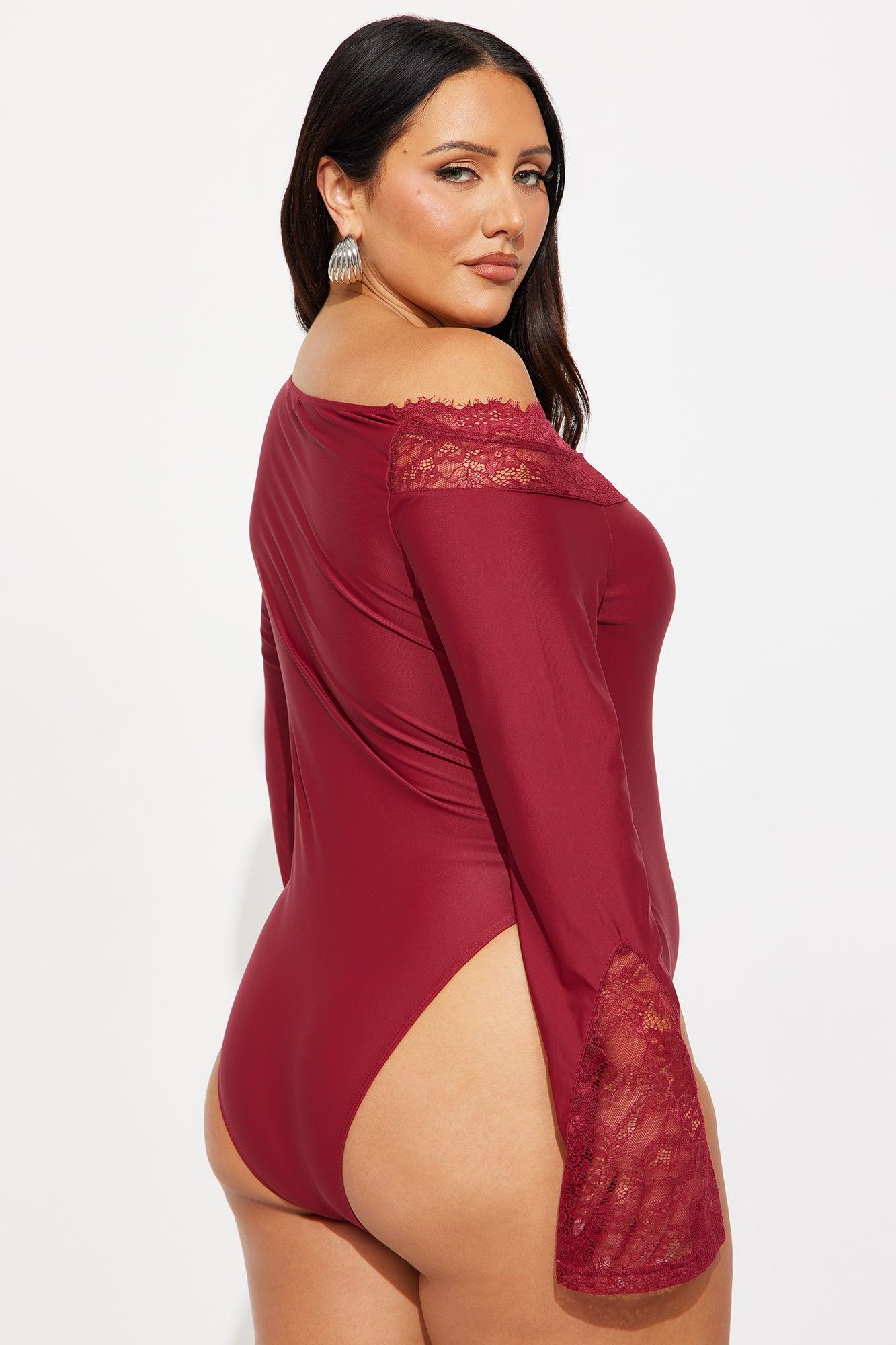 Château Living Off Shoulder Lace Trim Bodysuit - Burgundy Female Product Image