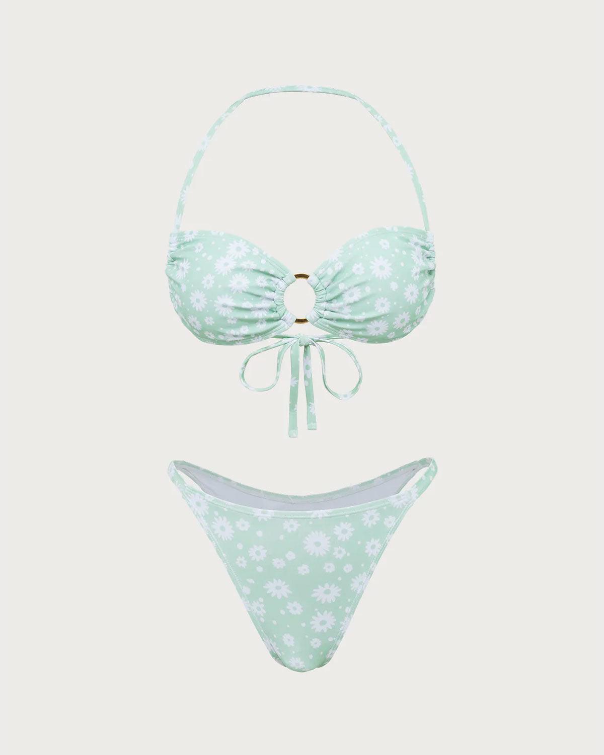 Green Floral O-Ring Halter Bikini Set Product Image