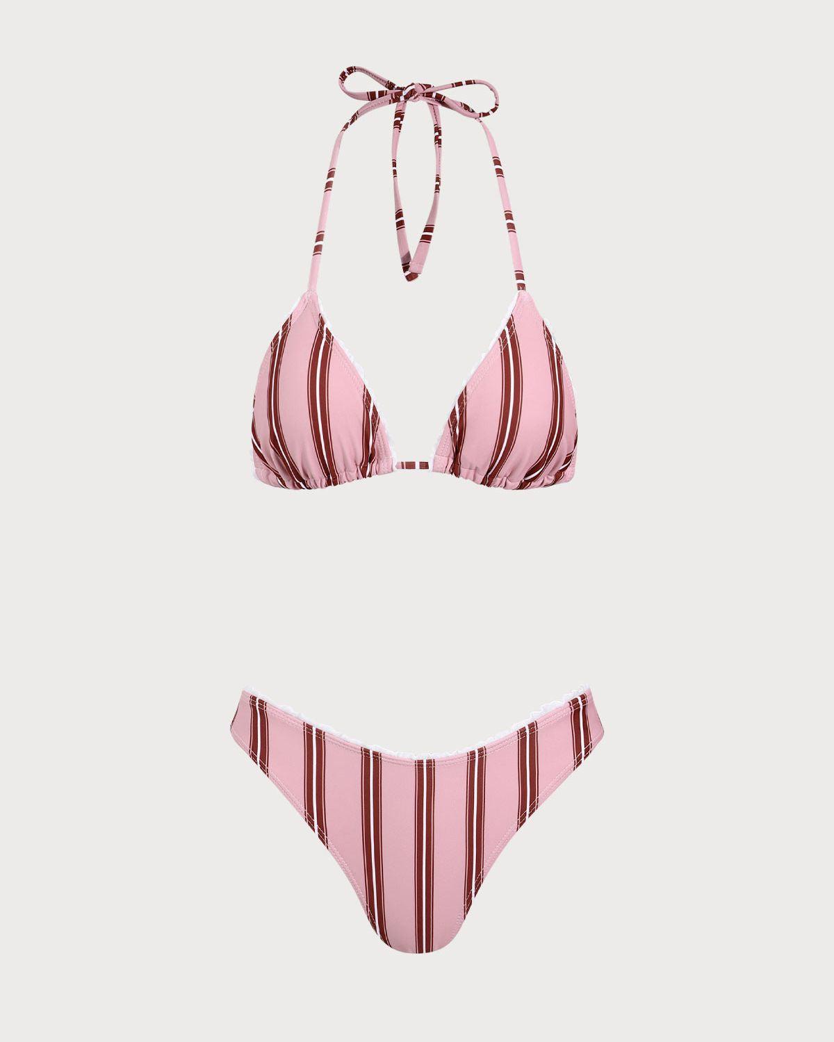 Pink Striped Ruffle Halter Bikini Set Product Image