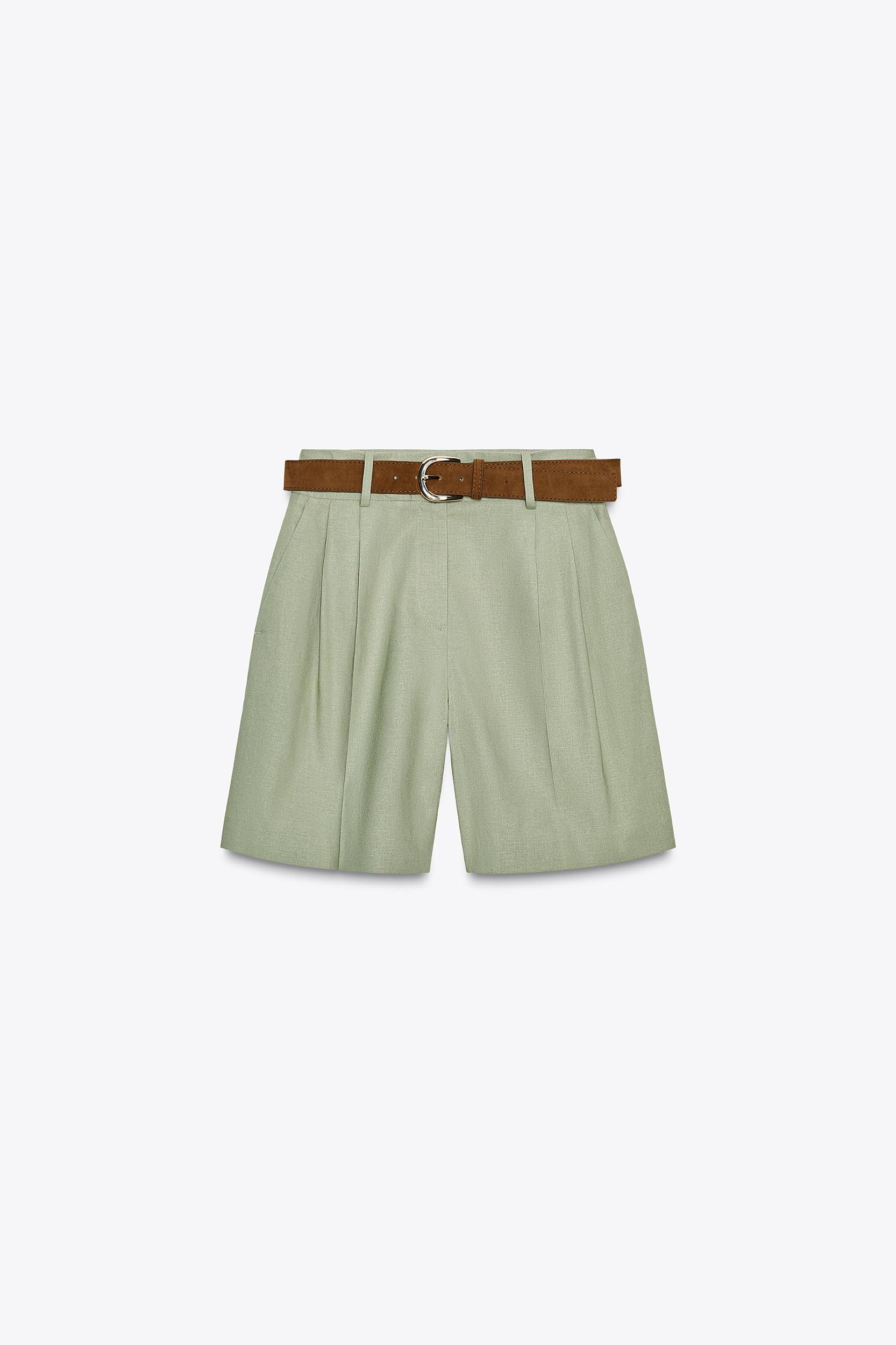 LINEN PLEATED BELTED BERMUDA SHORTS Product Image