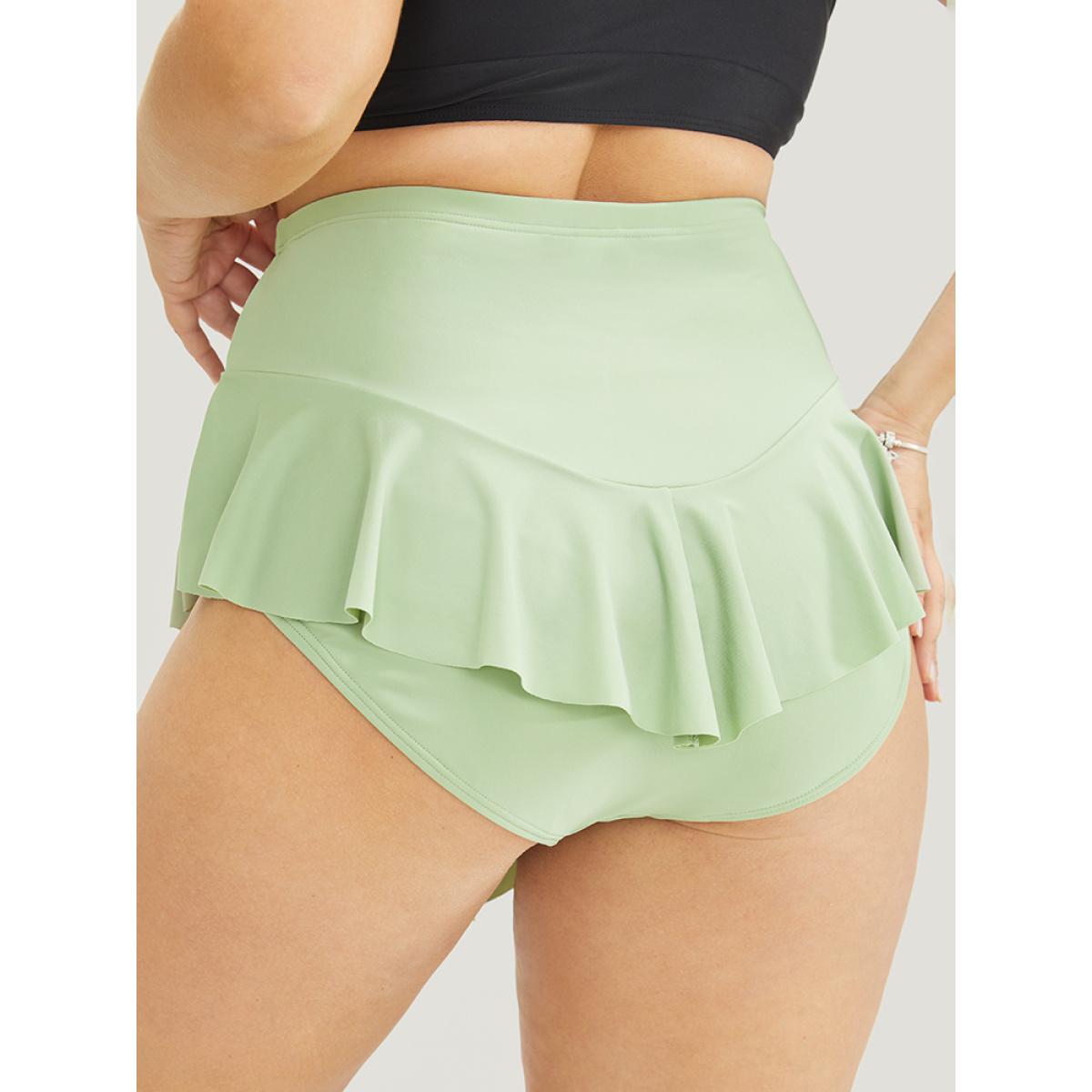 Plus Size Ruffle Trim Ruched Front Swim Bottom Women's Swimwear LightGreen Resort Non High stretch Bodycon High Rise Curve Swim Bottoms BloomChic 18-20/2X Product Image