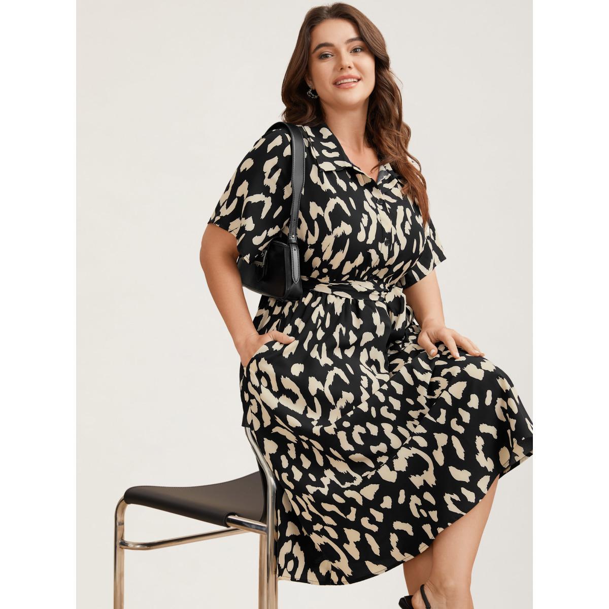 Plus Size Waist-Tie Pockets Shirt Collar Midi Dress Black Women At the Office Belted Shirt collar Short sleeve Curvy BloomChic 30/6X Product Image