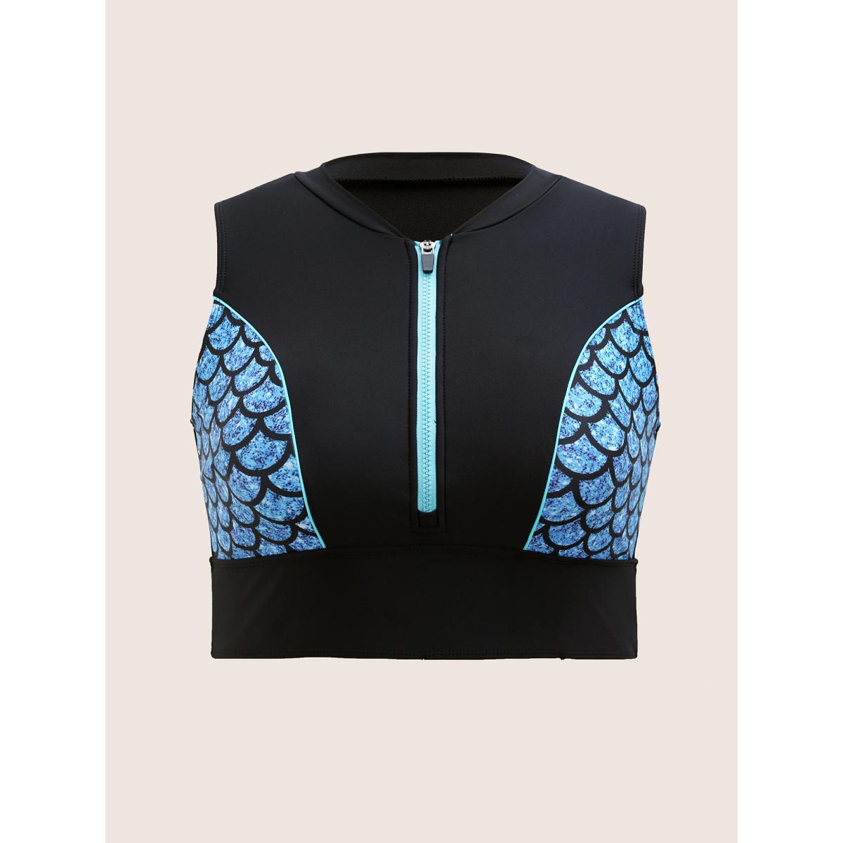 Plus Size Marine Elements Half Zip Tucked Seam Swim Top Women's Swimwear Black Beach Tucked seam High stretch Skinny Stand-up collar Curve Swim Tops BloomChic 10/M Product Image