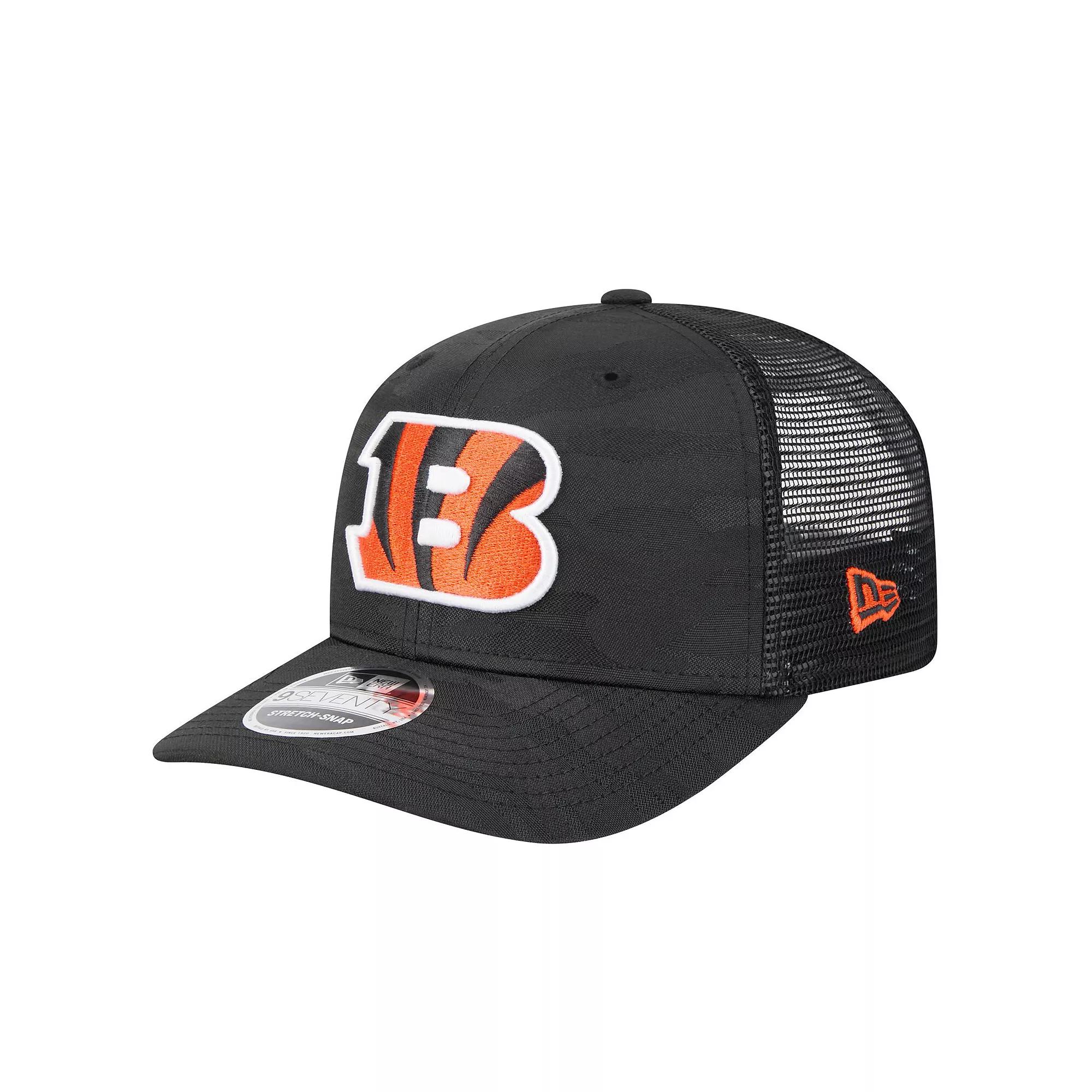 Men's New Era Black Cincinnati Bengals Adventure Camo Trucker 9SEVENTY Stretch-Snap Adjustable Hat Product Image
