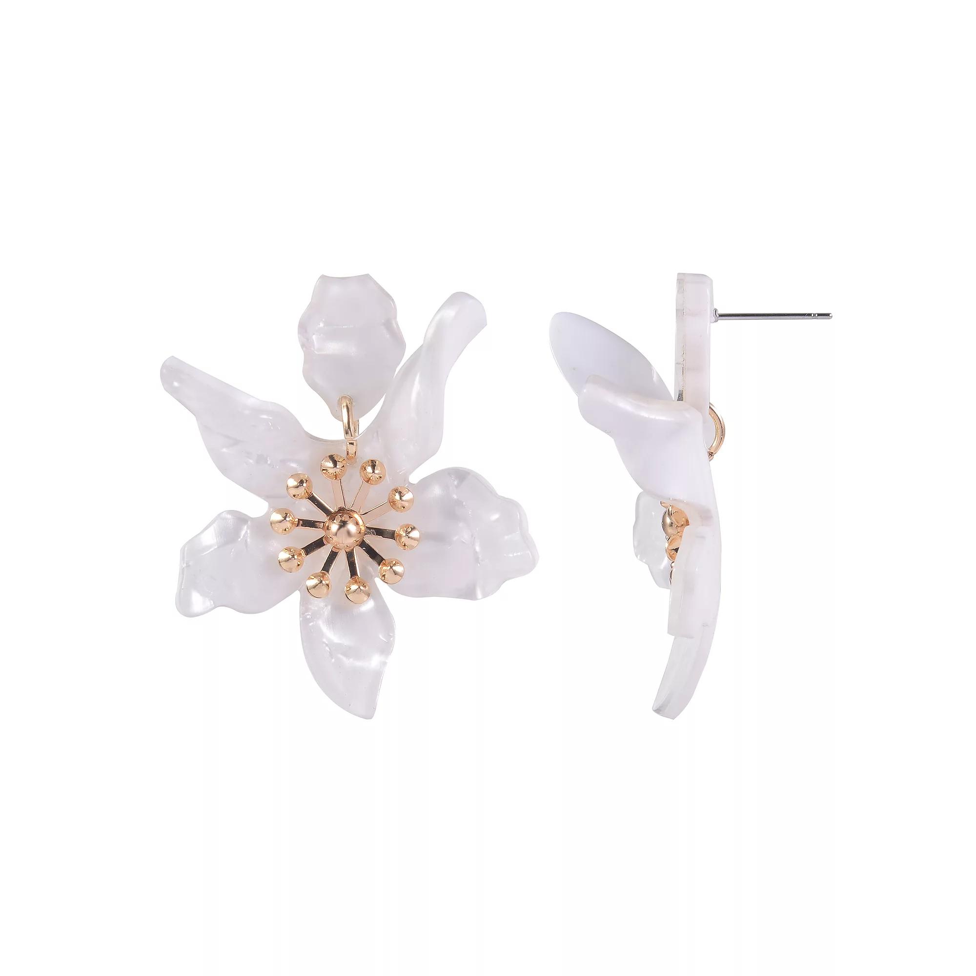 Emberly Gold Tone and White Flower Drop Earrings, Women's Product Image
