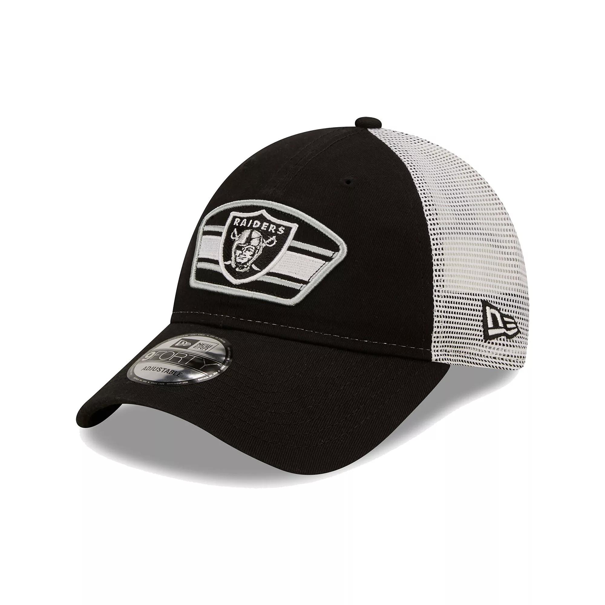 Mens New Era Black/White Las Vegas Raiders Logo Patch Trucker 9FORTY Snapback Hat Product Image