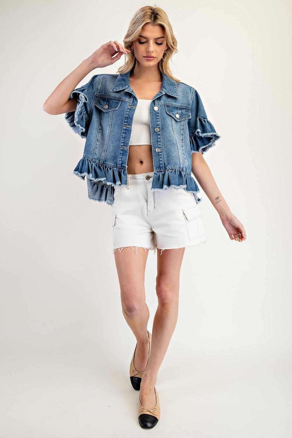 Ruffle Edge Short Sleeve Denim Jacket Product Image