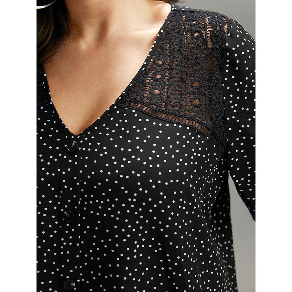 Plus Size Black Polka Dot Crochet Lace Button Detail Blouse Women Elegant Elbow-length sleeve V-neck Dailywear Blouses BloomChic 14-16/1X Product Image