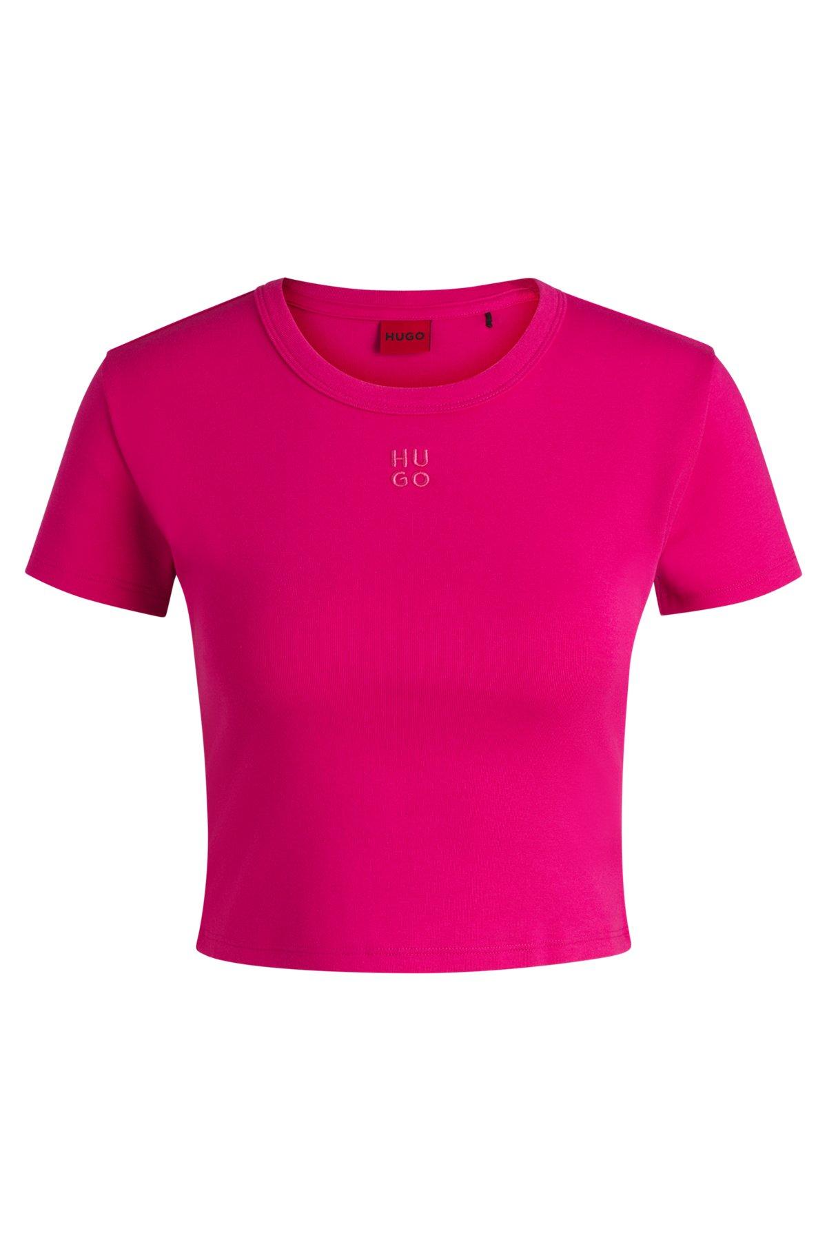 HUGO - Cropped slim-fit T-shirt with stacked logo - Pink Product Image