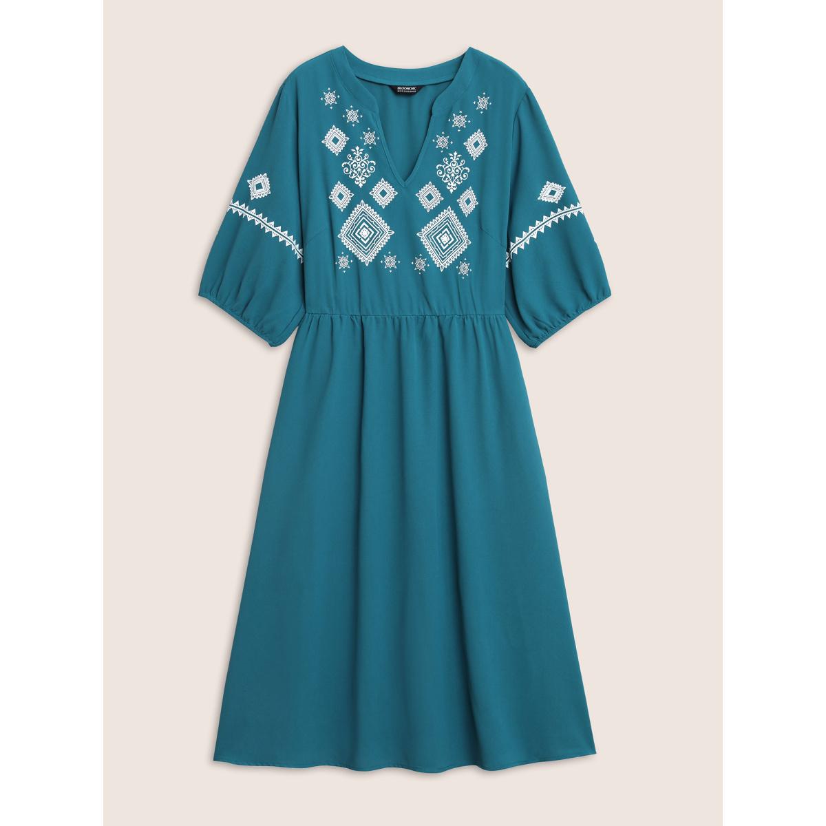 Plus Size Bandana Notched Collar Split Hem Midi Dress Mediumblue Women Resort Gathered Notched collar Elbow-length sleeve Curvy BloomChic 10/M Product Image