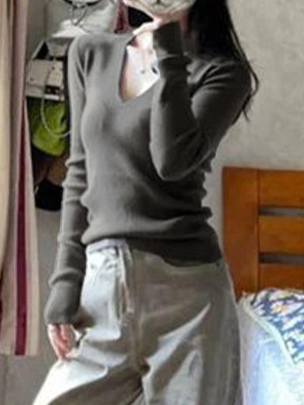 Solid V Neck Ribbed Long Sleeve Knit Product Image