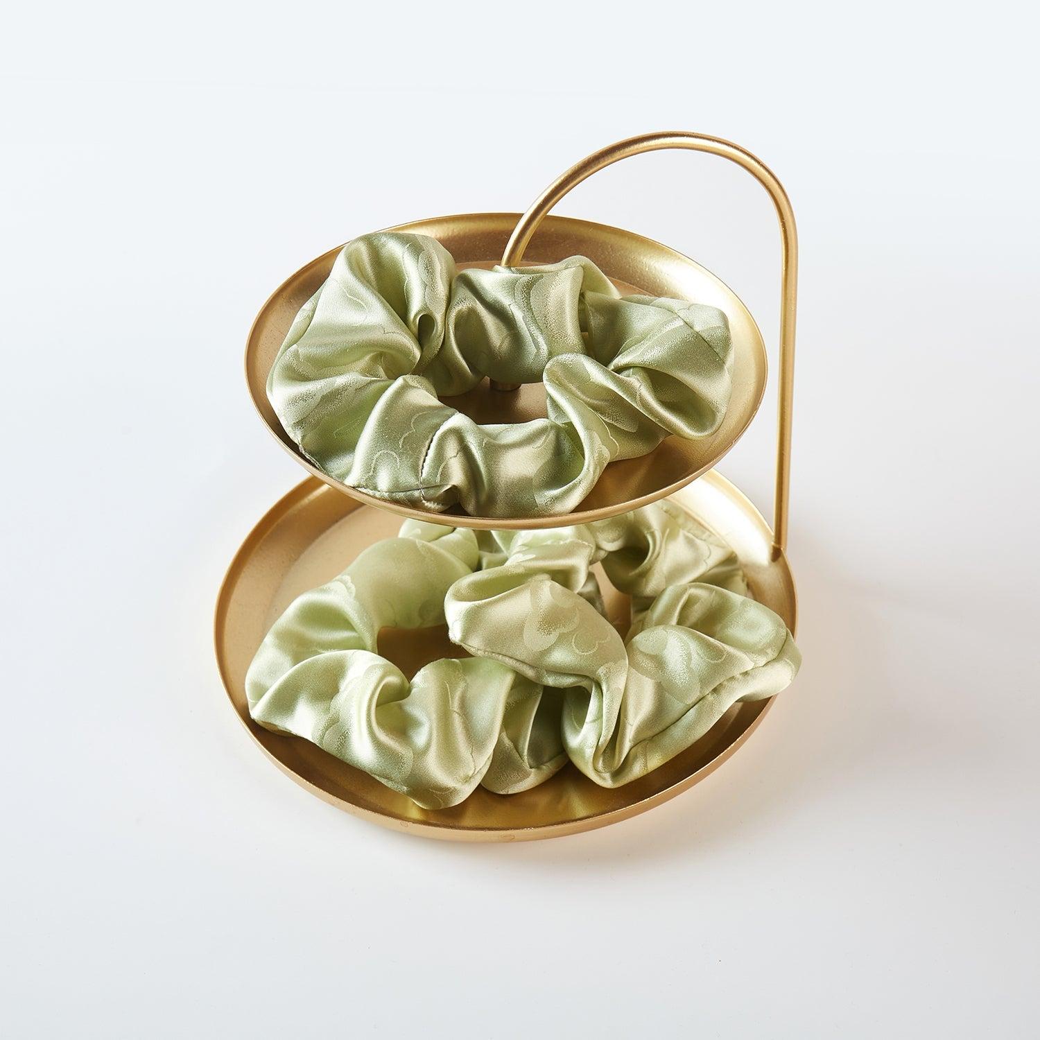 Pure Mulberry Silk French Scrunchie | Green Cloud | Jacquard Silk | 2 inch | 20 Momme | Brush Collection Product Image