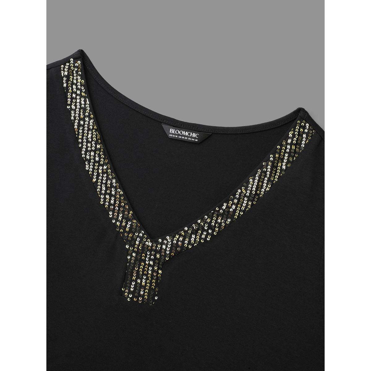 Plus Size Supersoft Essentials Sequin V-Neck T-shirt Black Women Elegant Patchwork V-neck Everyday T-shirts BloomChic 14-16/1X Product Image