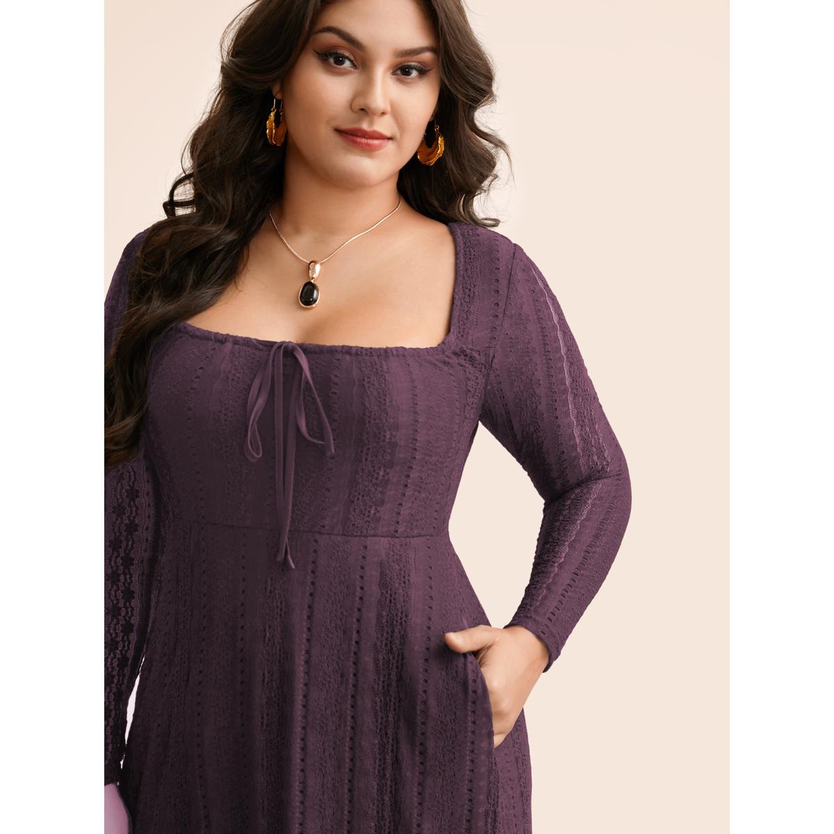 Plus Size Lace Panel Square Neck Tie Knot Dress Deeppurplered Women Elegant Tie knot Square Neck Long Sleeve Curvy BloomChic 30/6X Product Image