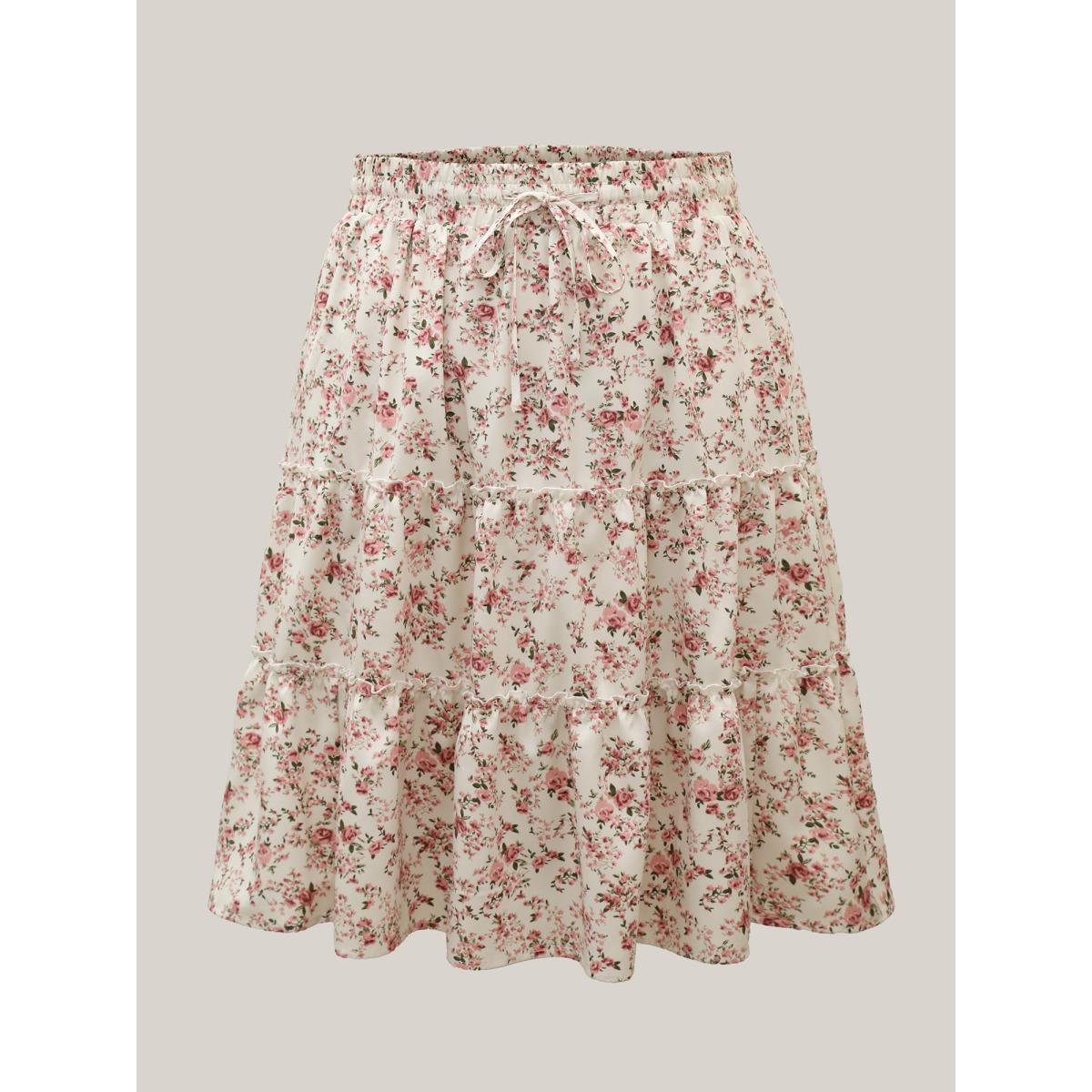 Plus Size Ditsy Floral Print Waist-Tie Midi Skirt Women Beige Elegant Gathered Low stretch Slanted pocket Everyday Skirts BloomChic 22-24/3X Product Image