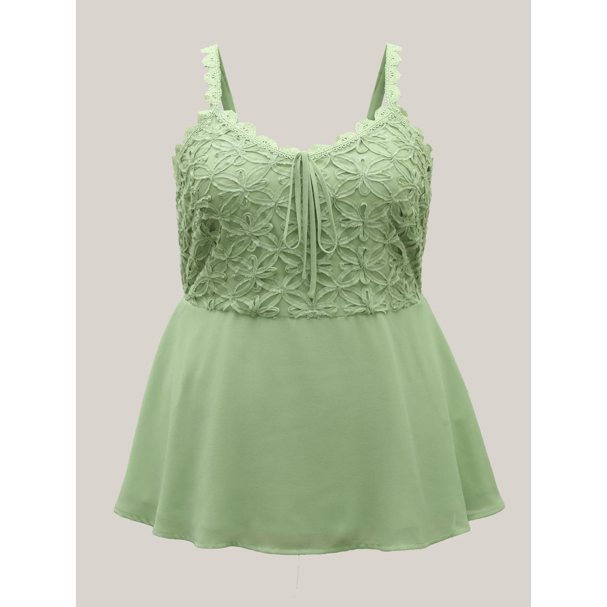 Plus Size Textured Lace Tie Flared Tank Top Women Greenbean Woven ribbon&lace trim V-neck Everyday-Elegant Tank Tops Camis BloomChic 14-16/1X Product Image