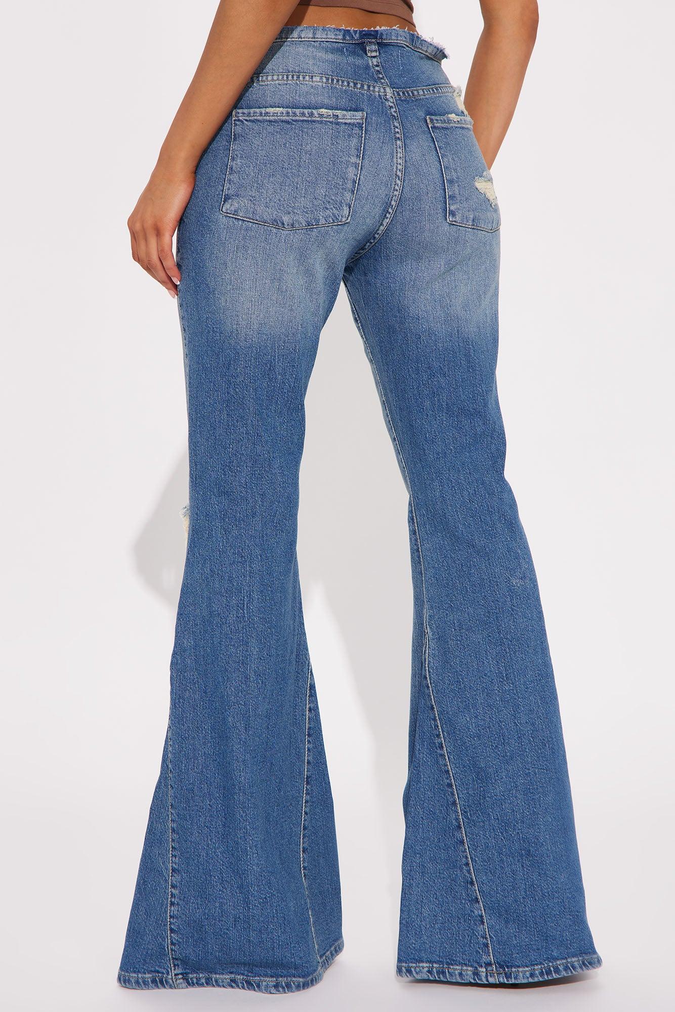 Korinna Stretch Cut Off Waistband Flare Jeans - Medium Wash Product Image