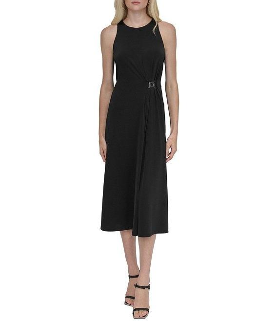 DKNY by Donna Karan Matte Jersey Crew Neck Sleeveless Sheath Midi Dress Product Image