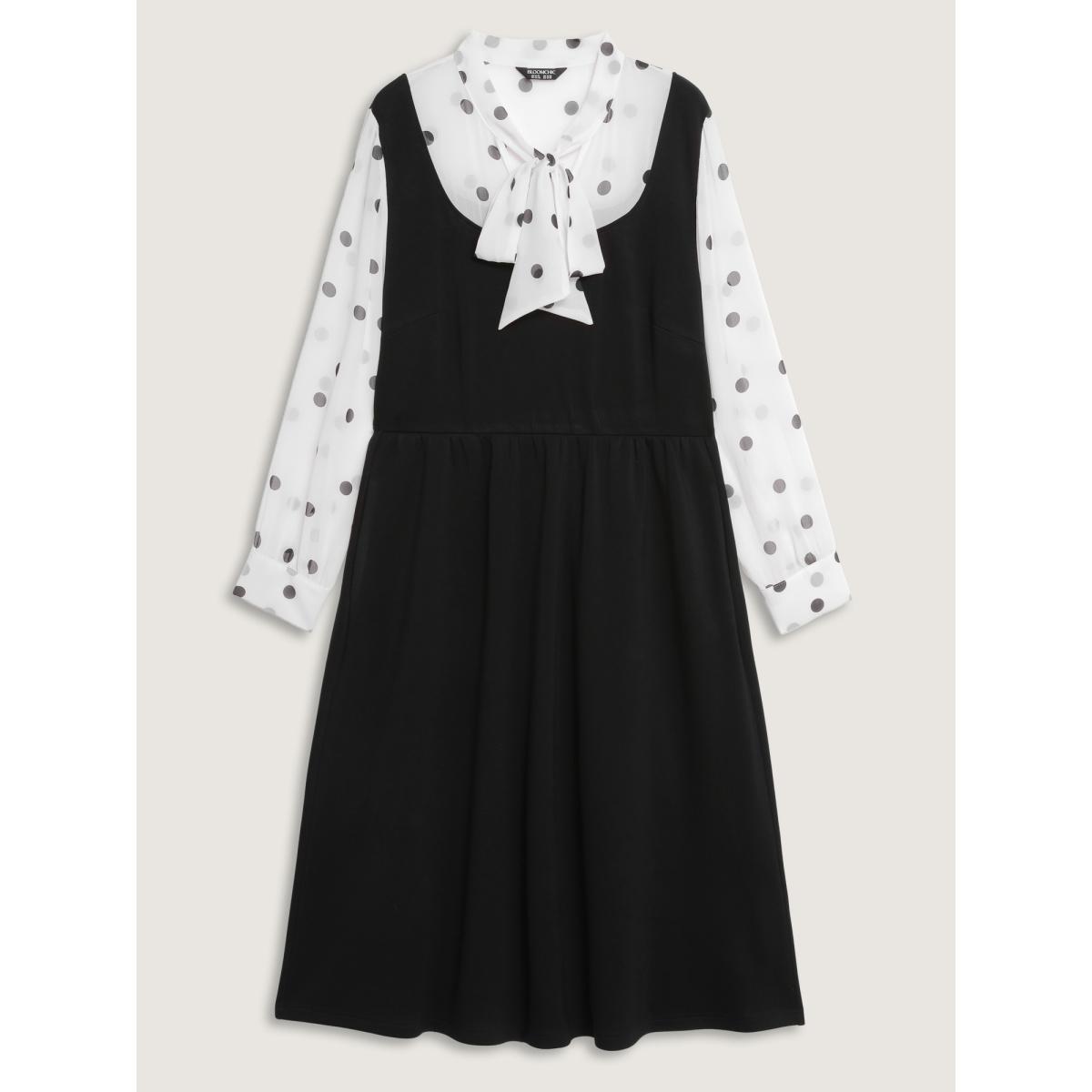 Plus Size Polka Dot Neck Tie Midi Dress Black Women Retro Ribbon-tied collar Long Sleeve Curvy BloomChic 28/5X Product Image