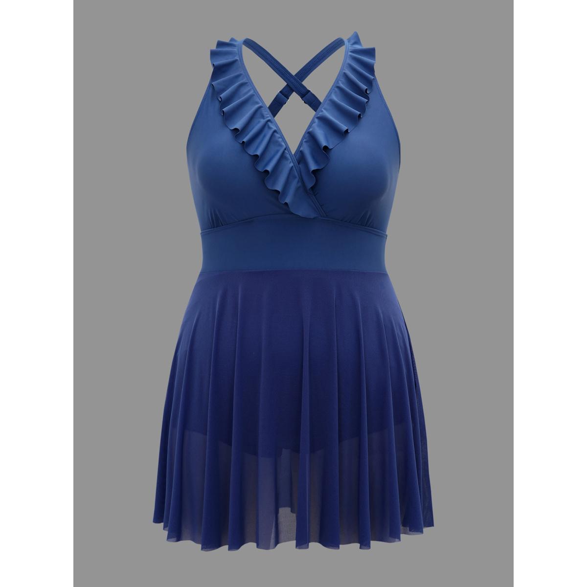 Plus Size Ruffle Trim Patchwork Mesh Swim Dress Women's Swimwear Mediumblue Beach Bodycon Overlap Collar High stretch Curve Swim Dresses BloomChic 12/L Product Image