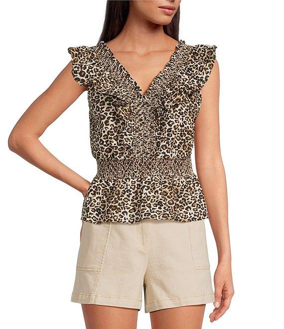 Skies Are Blue Leopard Poplin V-Neck Ruffle Cap Sleeve Smocked Peplum Top Product Image