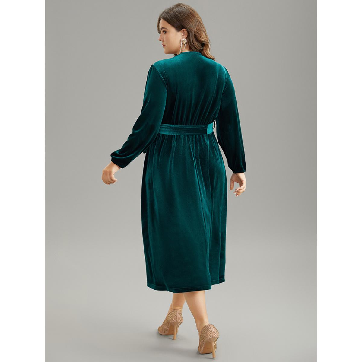Plus Size Solid Velvet Belted Wrap Arc Hem Dress Cyan Women Timeless Elastic cuffs Overlap Collar Long Sleeve Curvy Midi Dress BloomChic 26/4X Product Image