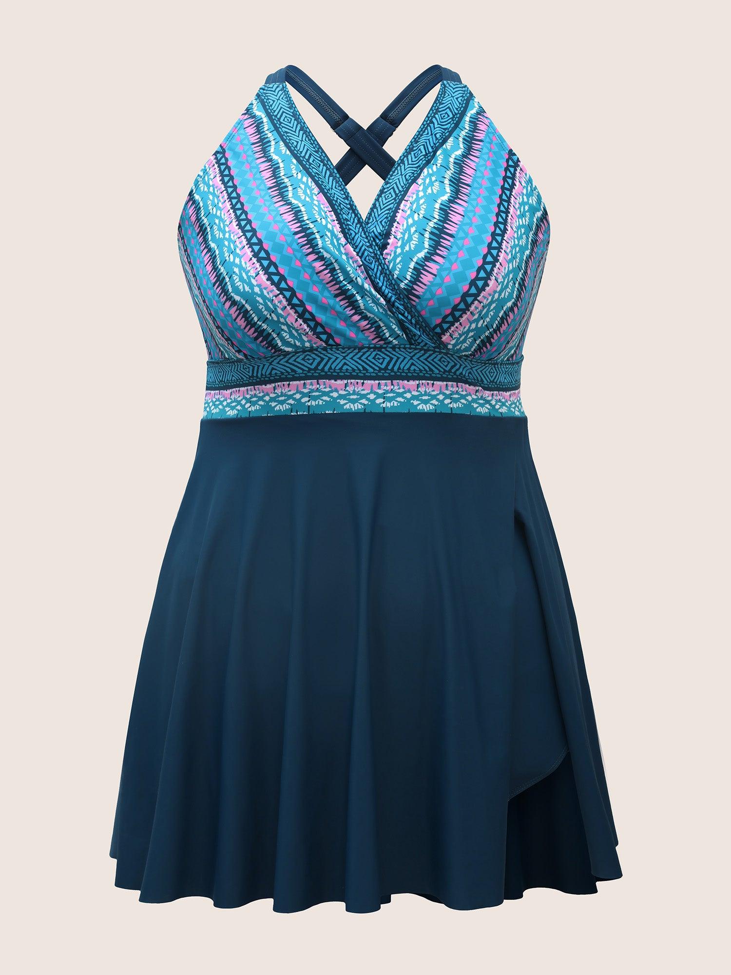 Overlap Collar Bandana Patchwork Split Hem Swim Dress Female Product Image