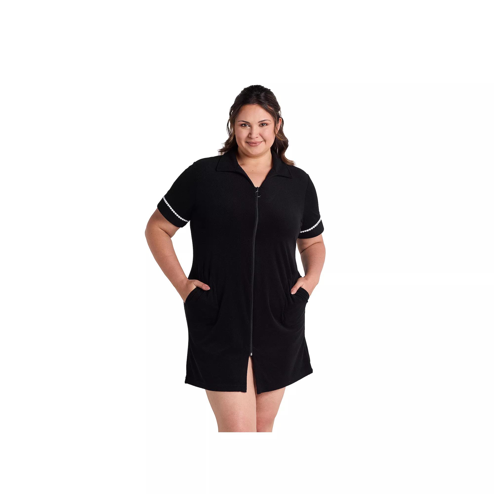 Plus Size Miss Elaine Essentials Terry Short Zip Robe, Women's, Size: 2XL, Black Product Image