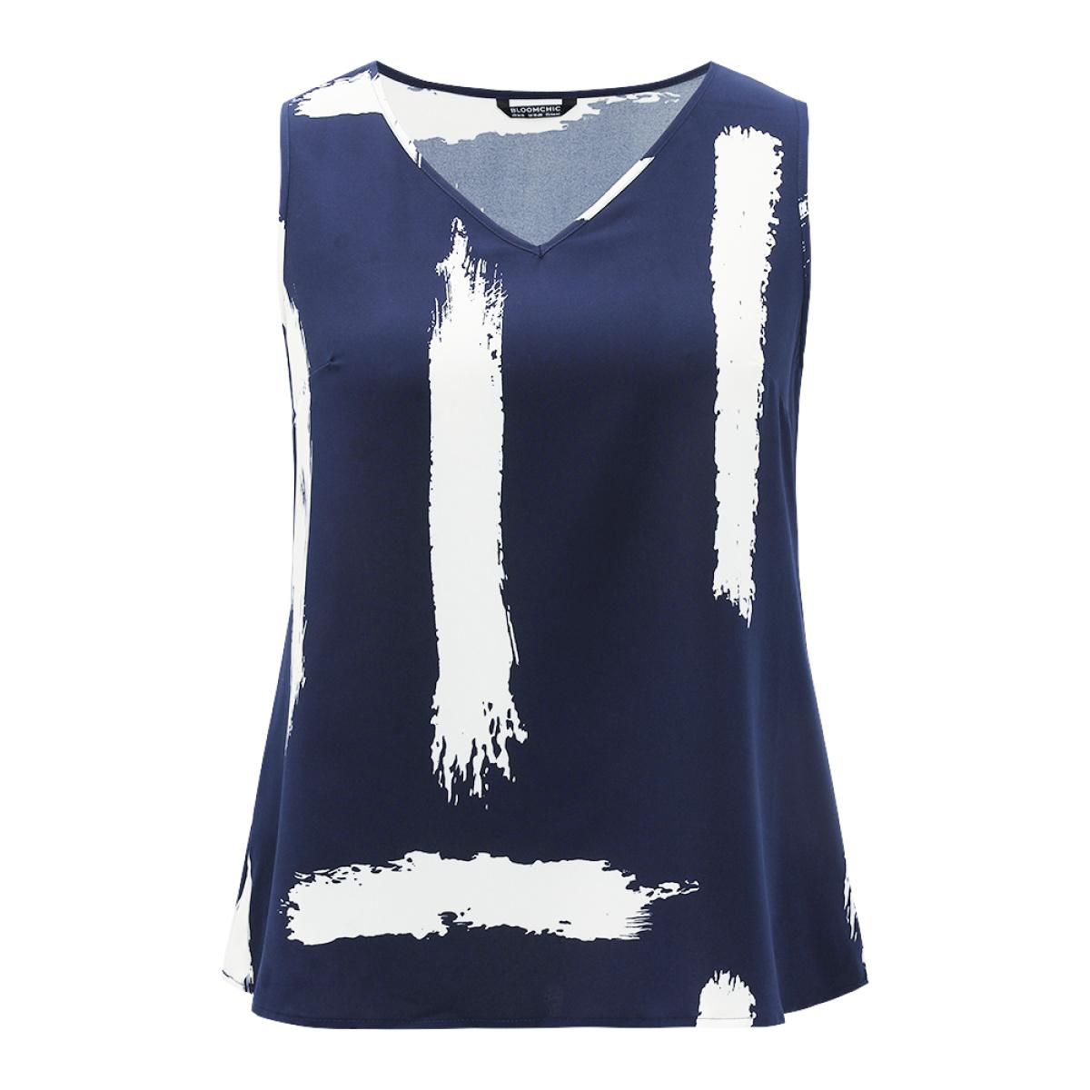 Plus Size Brush Print V Neck Tank Top Women Navy Casual V-neck Dailywear Tank Tops Camis BloomChic 10/M Product Image
