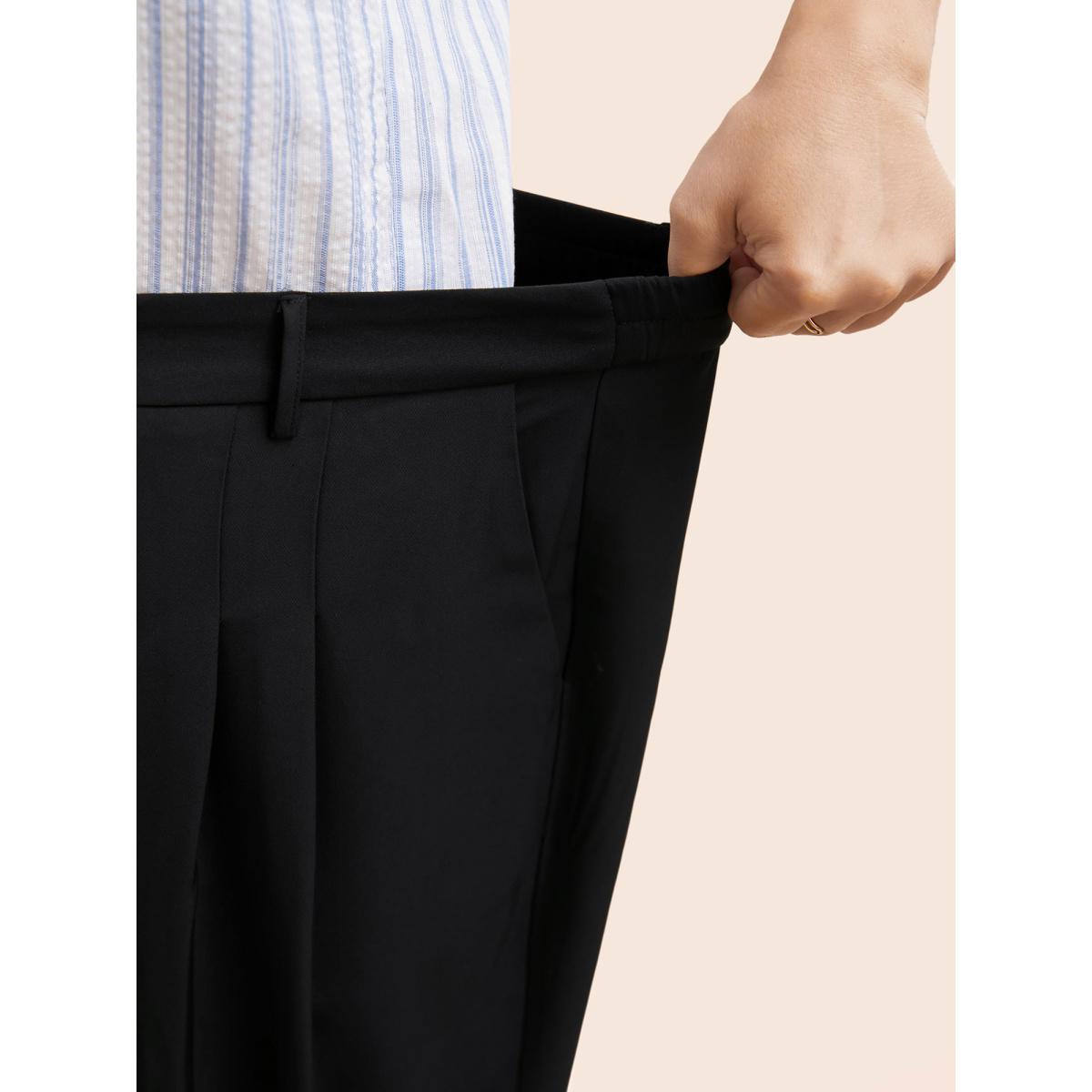 Plus Size Stretch Woven Pleated Elastic Waist Pants Women Black At the Office Wide Leg Mid Rise Office Pants BloomChic 12/L Product Image