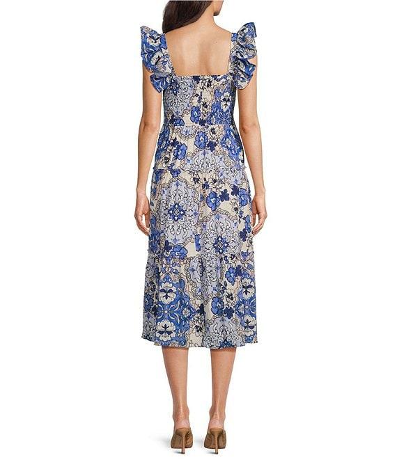 Vince Camuto Placement Print Square Neck Sleeveless Tiered Midi Dress Product Image