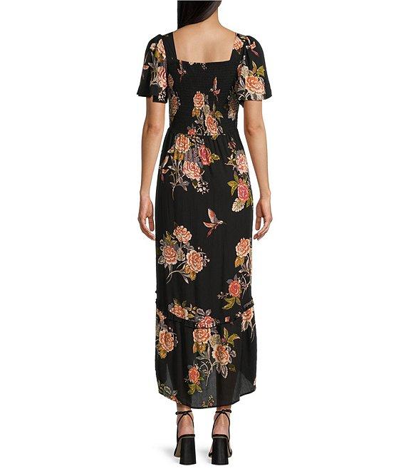 Angie Multi Floral Print V-Neck Short Sleeve Knot Front Keyhole Front Slit Maxi Dress Product Image