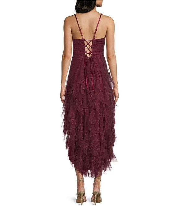 Pear Culture Glitter Mesh Cutout Corkscrew Hi-Low Dress Product Image